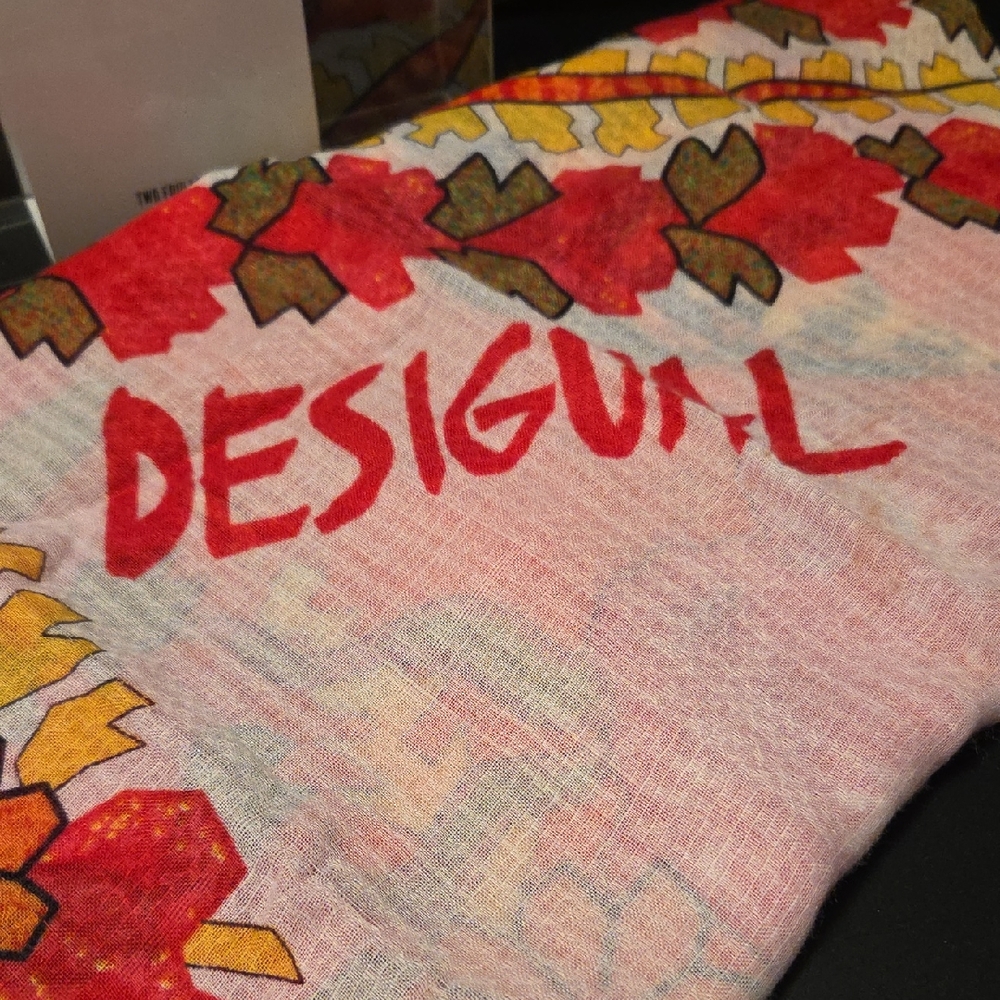 Desigual Red Floral Logo Scarf with Yellow & Green Accents